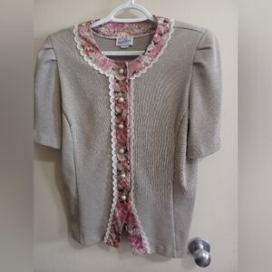 VTG 80s Women Floral Green Short Sleeve Shirt Sz 12 Granny Grandma Cottage Core